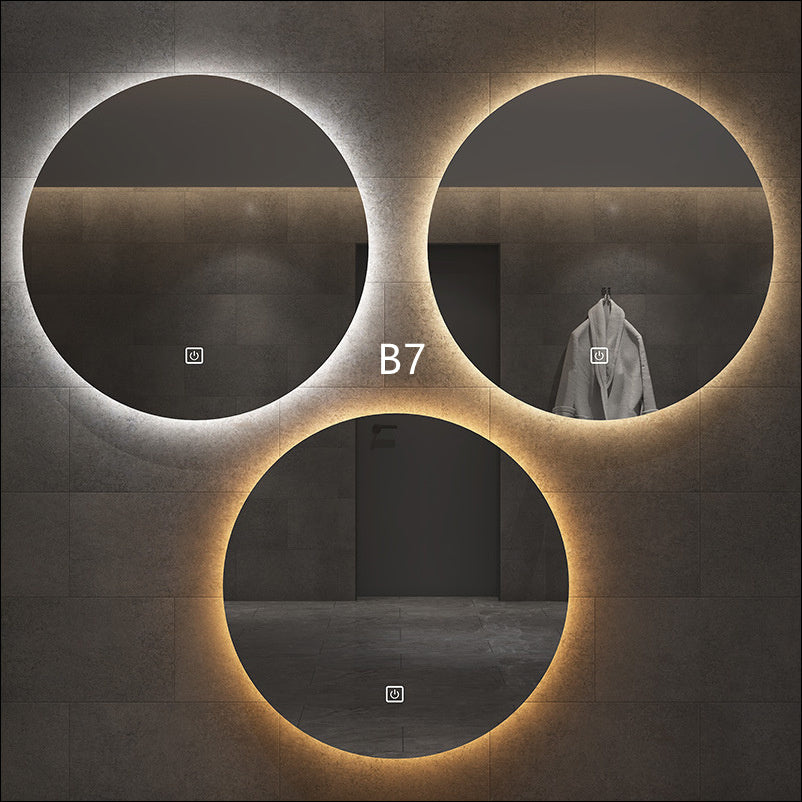 “Round Smart Bathroom Mirror with Touch Screen & Induction Light – LED Illuminated, Fog-Free, for Makeup & Grooming”