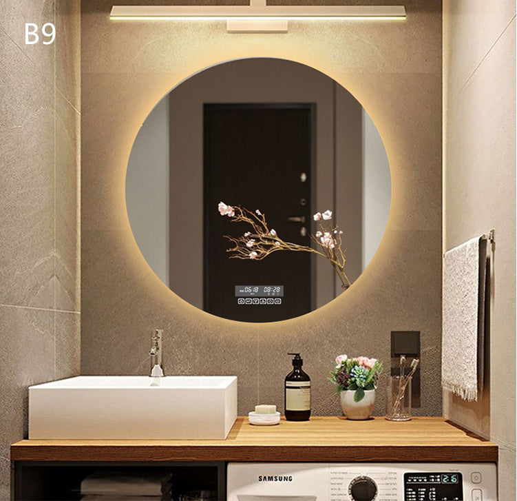 “Round Smart Bathroom Mirror with Touch Screen & Induction Light – LED Illuminated, Fog-Free, for Makeup & Grooming”