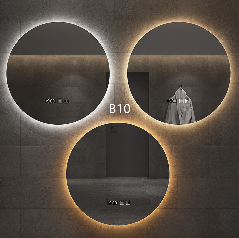 “Round Smart Bathroom Mirror with Touch Screen & Induction Light – LED Illuminated, Fog-Free, for Makeup & Grooming”