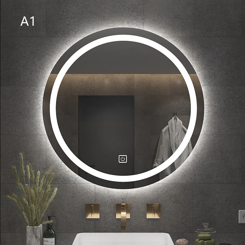 “Round Smart Bathroom Mirror with Touch Screen & Induction Light – LED Illuminated, Fog-Free, for Makeup & Grooming”