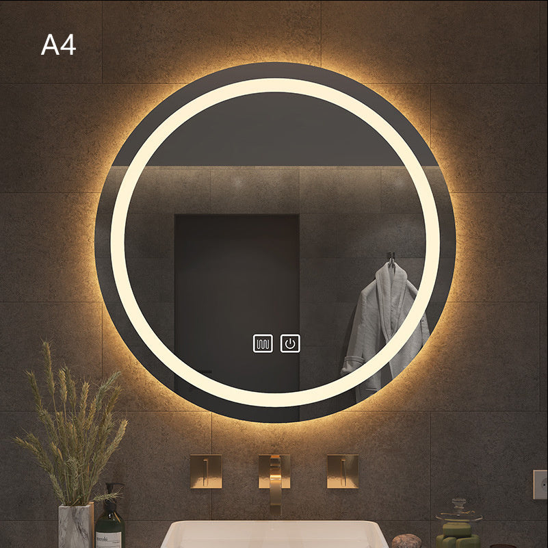“Round Smart Bathroom Mirror with Touch Screen & Induction Light – LED Illuminated, Fog-Free, for Makeup & Grooming”