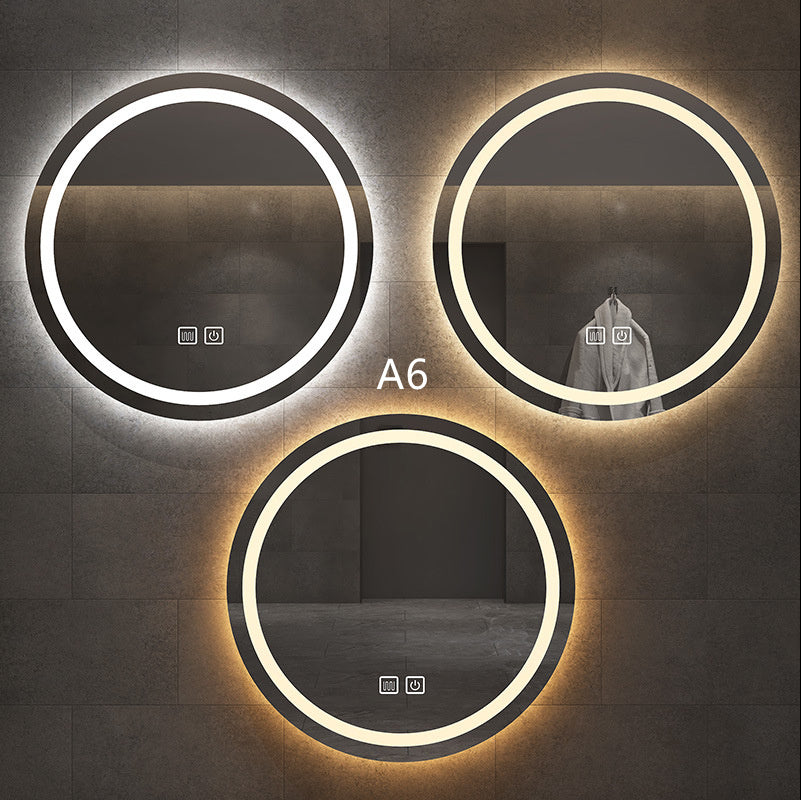 “Round Smart Bathroom Mirror with Touch Screen & Induction Light – LED Illuminated, Fog-Free, for Makeup & Grooming”