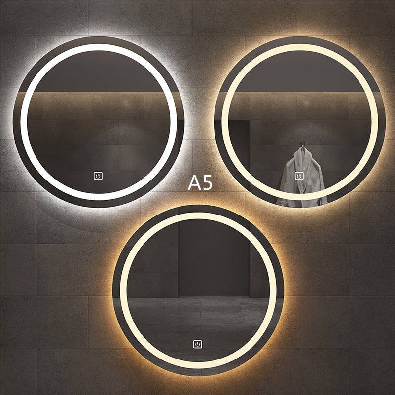 “Round Smart Bathroom Mirror with Touch Screen & Induction Light – LED Illuminated, Fog-Free, for Makeup & Grooming”