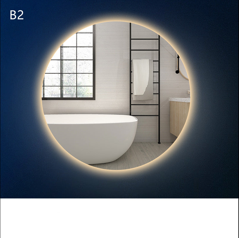 “Round Smart Bathroom Mirror with Touch Screen & Induction Light – LED Illuminated, Fog-Free, for Makeup & Grooming”
