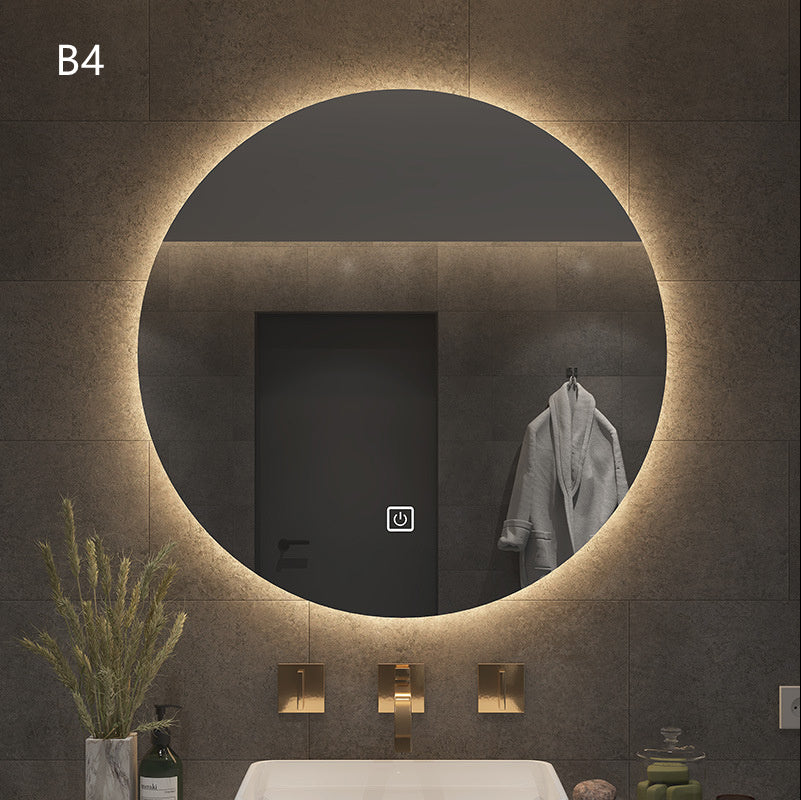“Round Smart Bathroom Mirror with Touch Screen & Induction Light – LED Illuminated, Fog-Free, for Makeup & Grooming”