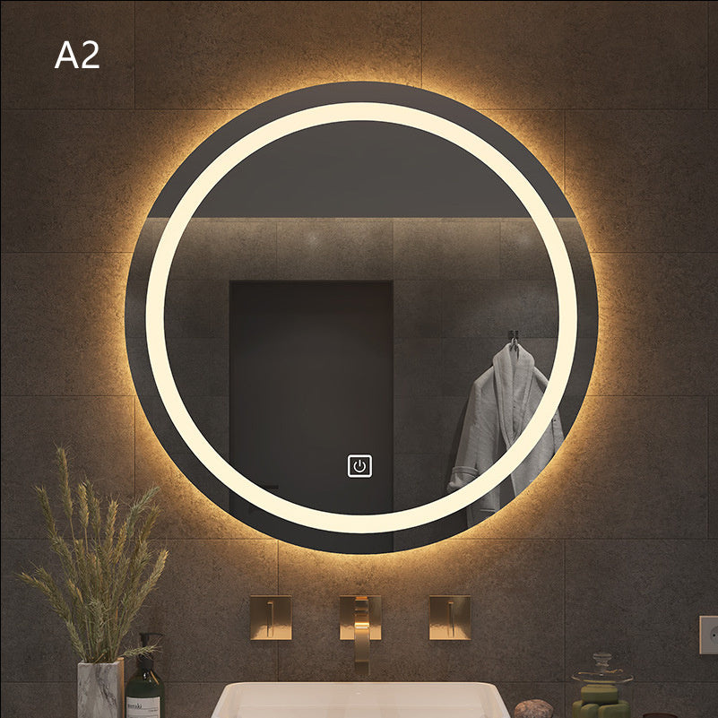 “Round Smart Bathroom Mirror with Touch Screen & Induction Light – LED Illuminated, Fog-Free, for Makeup & Grooming”