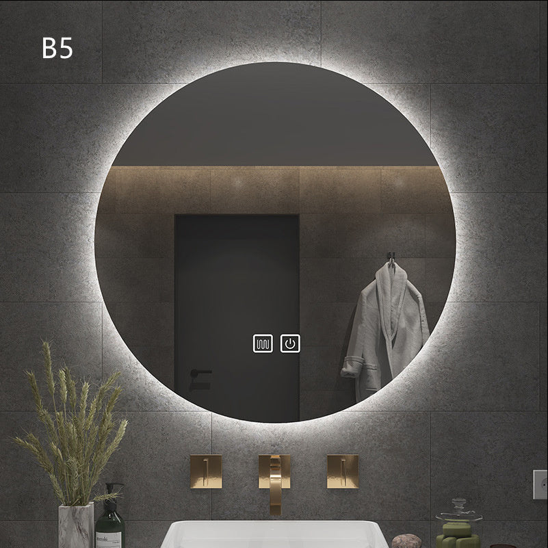 “Round Smart Bathroom Mirror with Touch Screen & Induction Light – LED Illuminated, Fog-Free, for Makeup & Grooming”