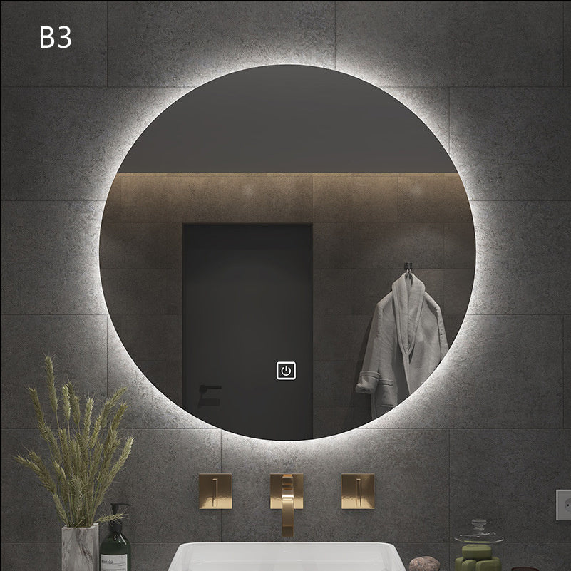“Round Smart Bathroom Mirror with Touch Screen & Induction Light – LED Illuminated, Fog-Free, for Makeup & Grooming”