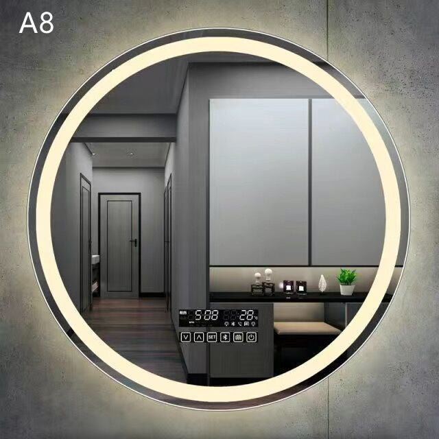 “Round Smart Bathroom Mirror with Touch Screen & Induction Light – LED Illuminated, Fog-Free, for Makeup & Grooming”