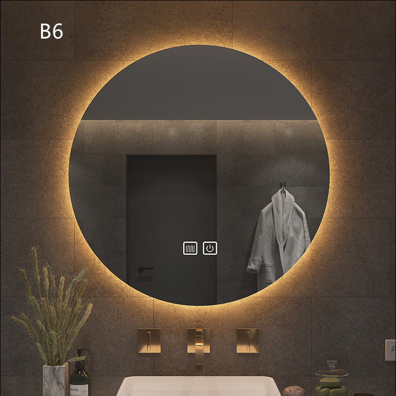 “Round Smart Bathroom Mirror with Touch Screen & Induction Light – LED Illuminated, Fog-Free, for Makeup & Grooming”