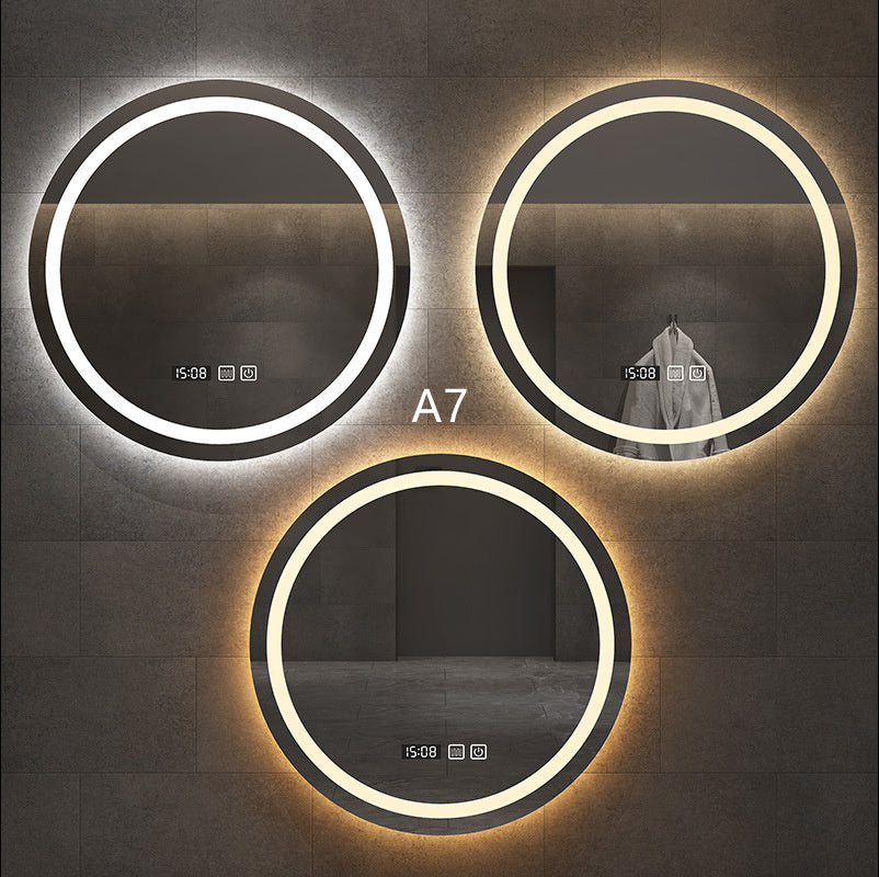 “Round Smart Bathroom Mirror with Touch Screen & Induction Light – LED Illuminated, Fog-Free, for Makeup & Grooming”