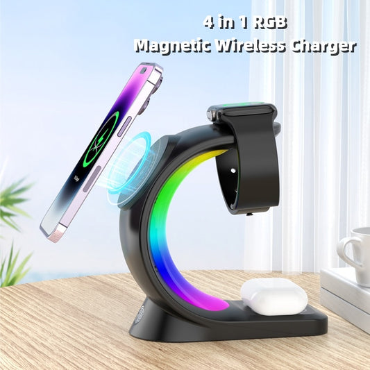 "SwiftGlow™ Magnetic 4-in-1 Wireless Charger – For iPhone, AirPods & Watch"