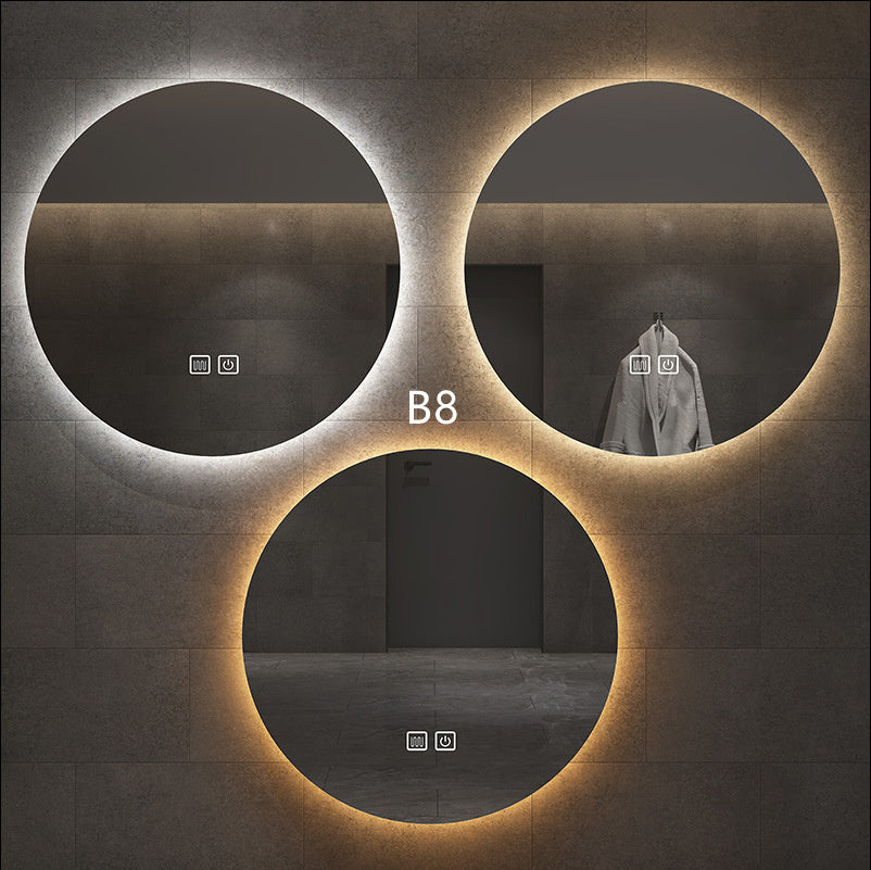 “Round Smart Bathroom Mirror with Touch Screen & Induction Light – LED Illuminated, Fog-Free, for Makeup & Grooming”