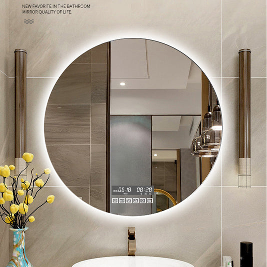 “Round Smart Bathroom Mirror with Touch Screen & Induction Light – LED Illuminated, Fog-Free, for Makeup & Grooming”